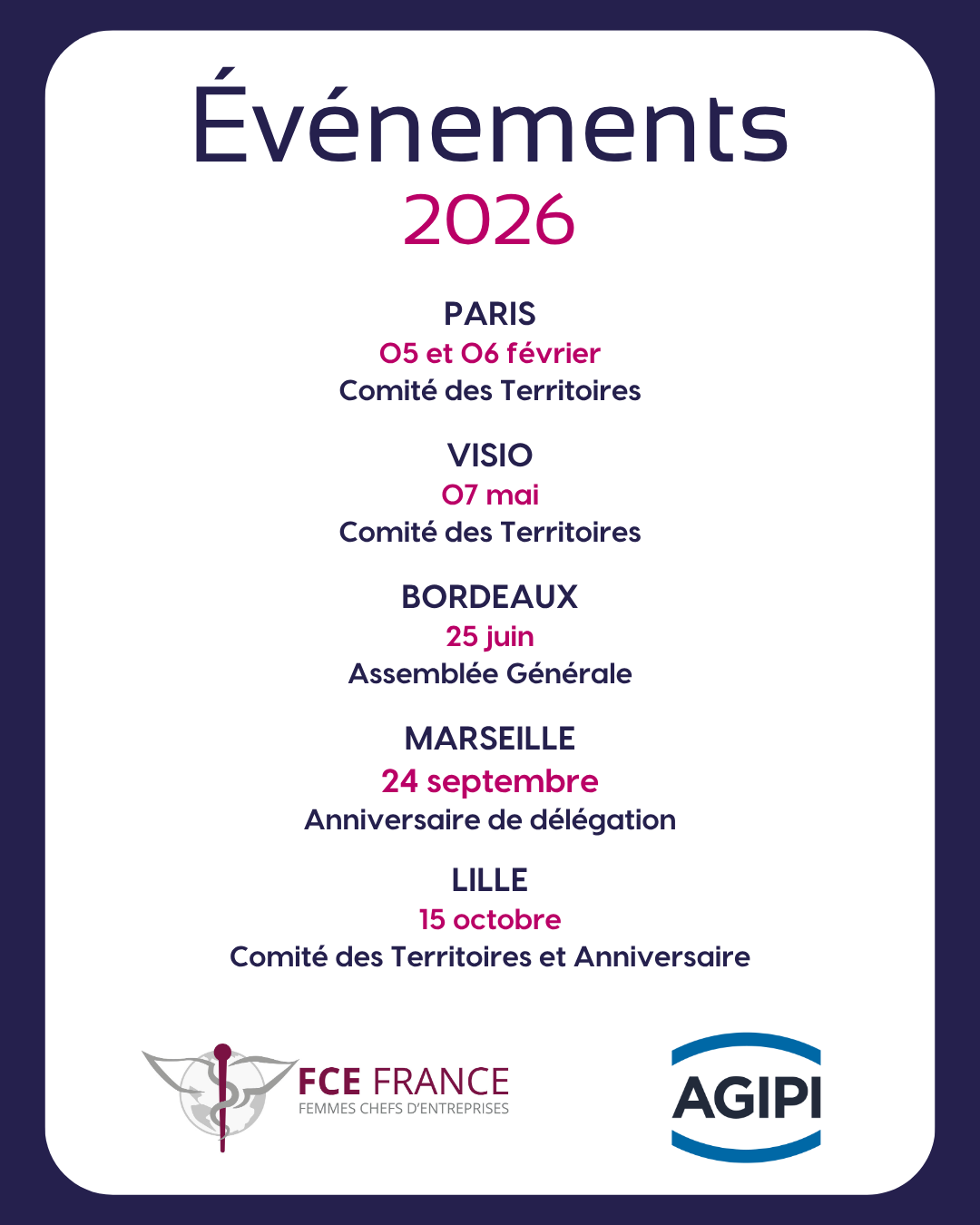 Calendrier des événements FCE France 2026 avec AGIPI